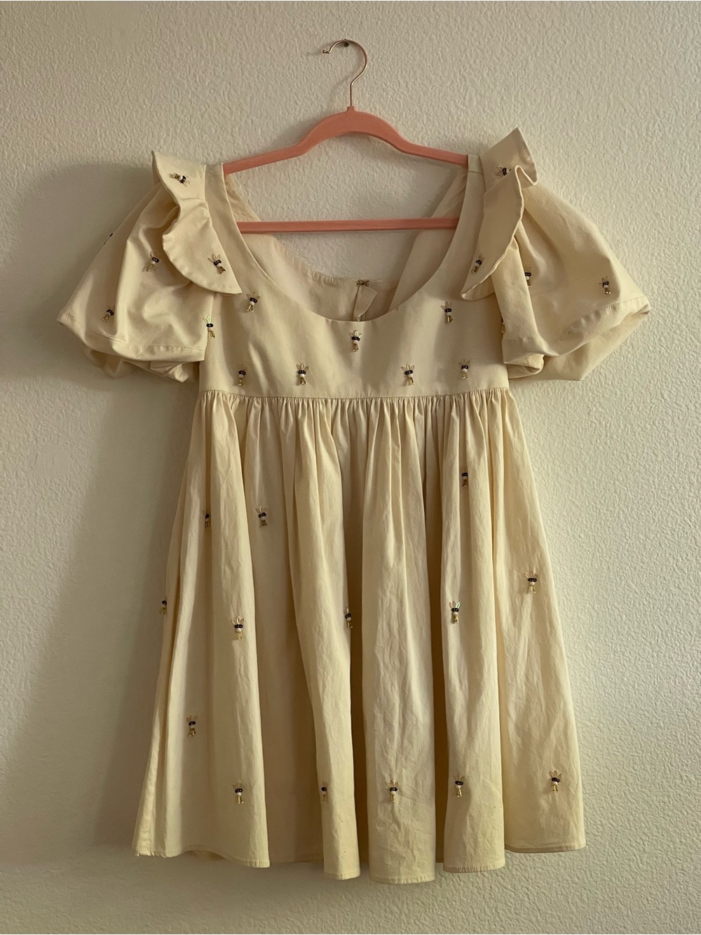 Agua Bendita Opalo Lluvia Beaded Babydoll Mini Dress in Cream Size XS